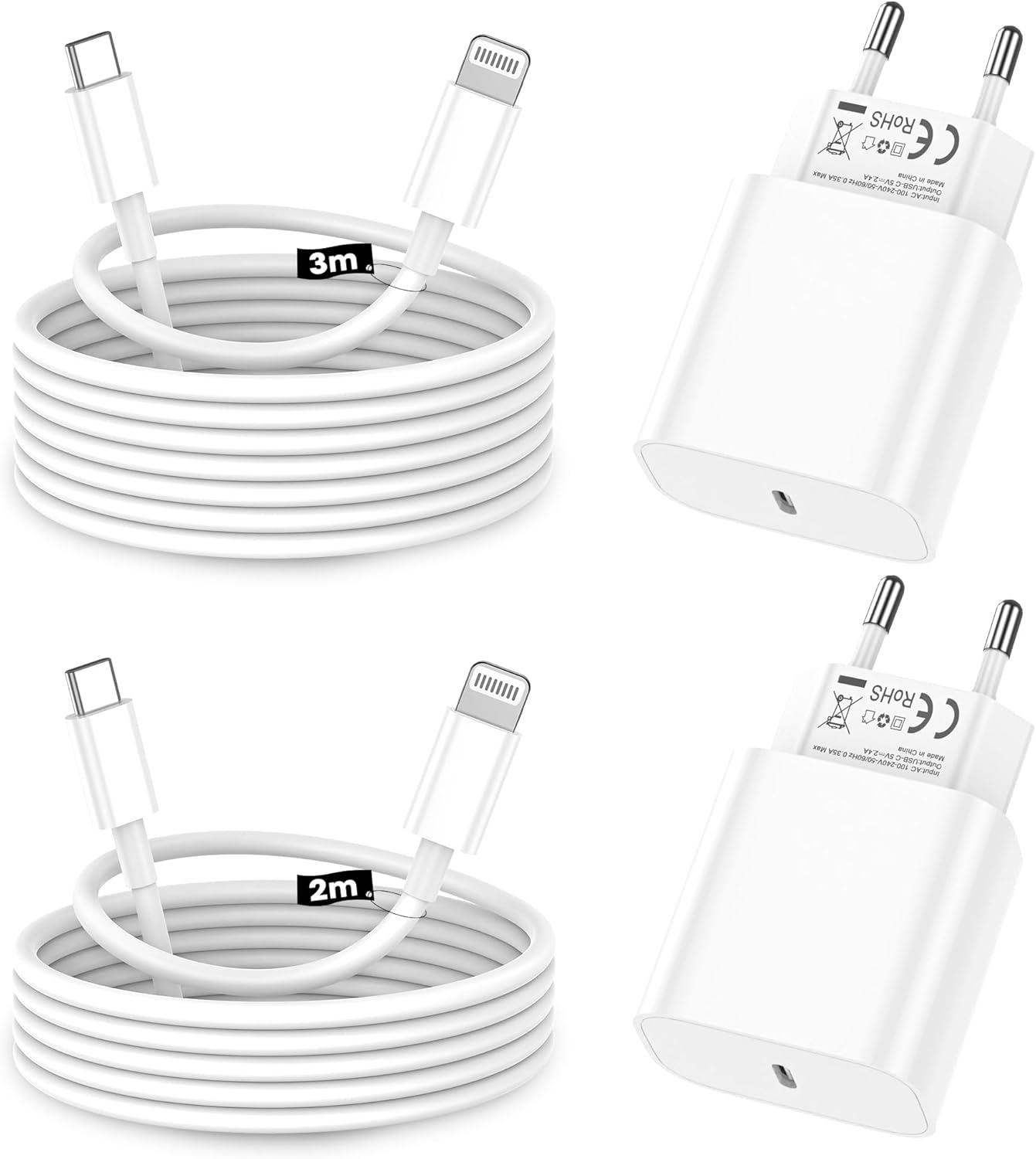 Chargeur iPhone,2Pack Chargeur Rapide de 20W Adaptateur avec 2M&3M [Certifié Apple MFi ] USB-C de données Lightning Cordon de Charge Compatible avec iPhone 14 13 12 11 Pro Max XS XR X,iPad