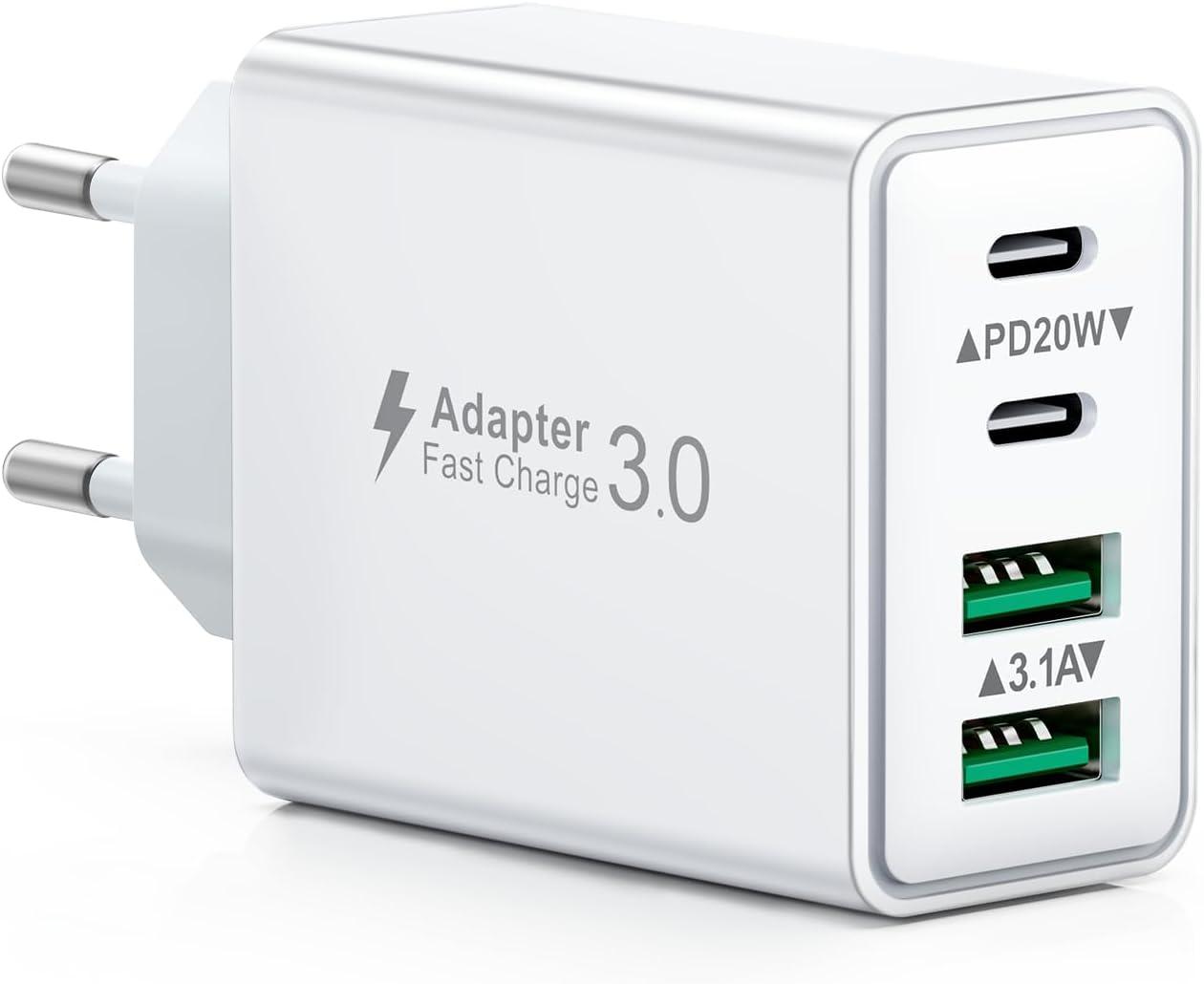 Chargeur USB C, 40W 4 Port Prise Chargeur Rapide USB C, Multiple Secteur Double PD+QC 3.1A Type C Adaptateur pour iPhone 17 16 15 14 13 12 11 Pro Max X XS XR 8 7 6S Plus Mini SE, iPad, Samsung Galaxy