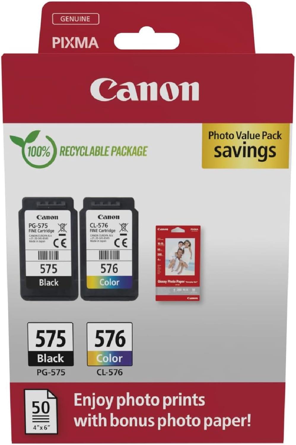 Canon PG-575 / CL-576 Lot de 2 Cartouches d'encre Authentiques (1 x Noir, 1 x Couleur) Comprend 50 Feuilles de Papier Photo 4 x 6 – Multipack en Carton