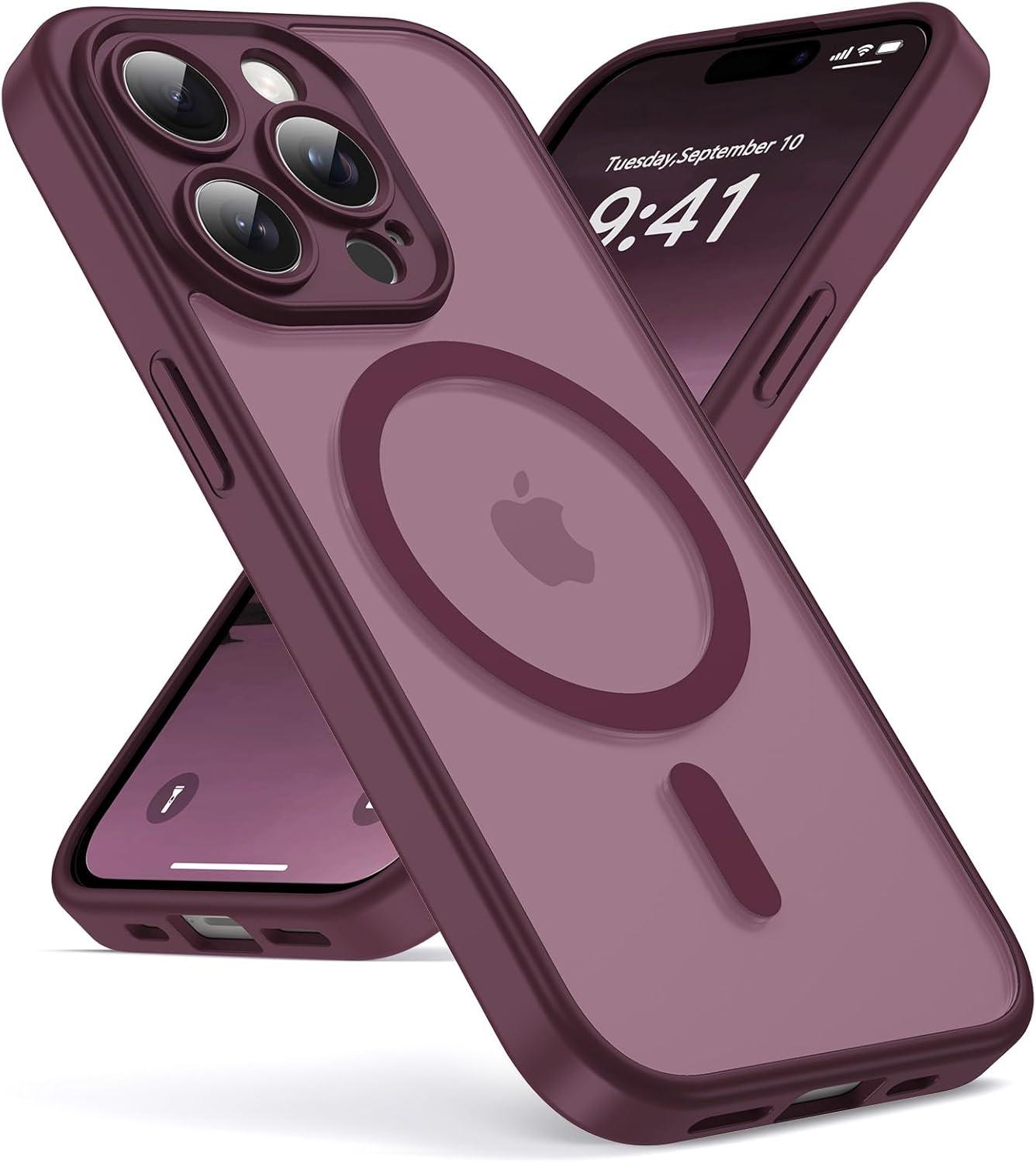 Oududianzi-Coque pour iPhone 15 Pro Compatible avec MagSafe Magnétique, Housse de Arrière Translucide Givrée PC, TPU Silicone Bumper Étui Protection Antichoc Militaire Anti-Empreintes-Bordeaux