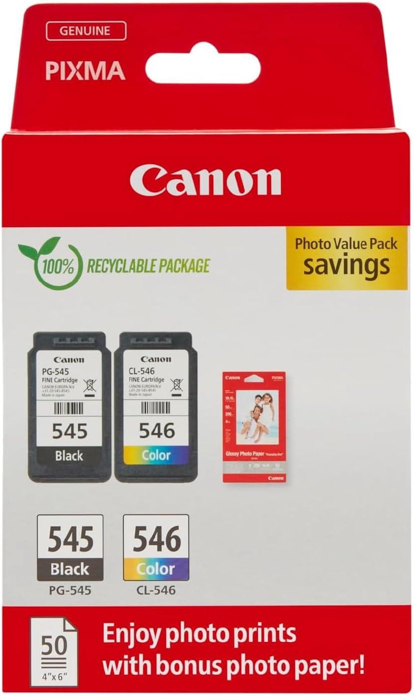 Canon Pack Encre & Papier - PG-545/CL-546 Cartouches d'encre Authentique pour imprimante 2 Packs (1 x Noir, 1 x Couleur) & Papier Photo 4x6 (50 x Feuilles)