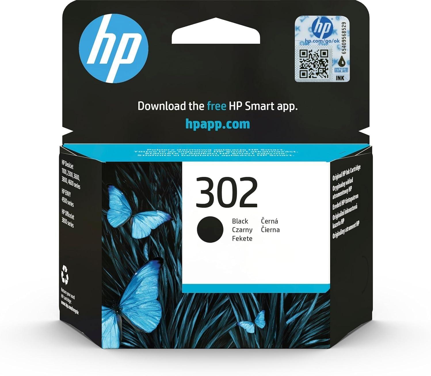 HP 302 F6U66AE Cartouche Originale de 190 Pages, Compatible avec Les Imprimantes DeskJet 1110, 2130, 3630, Envy 4520, OfficeJet 3830, 4650, 5220, et 5230, Noir