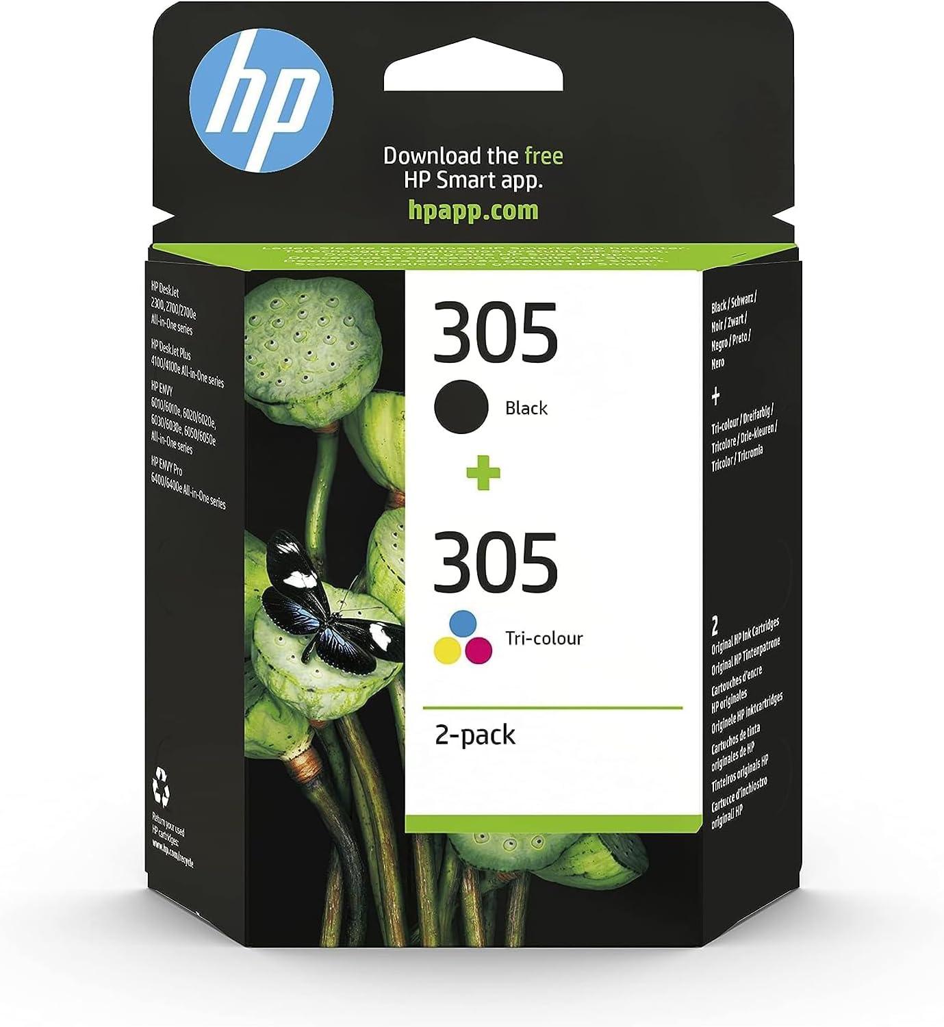 HP 305, Pack de 2 Cartouches d’Encre Originales, 6ZD17AE, Noir, Cyan, Jaune, Magenta, Compatible avec HP DeskJet 2700/ 4100, HP Envy 6000/ 6400