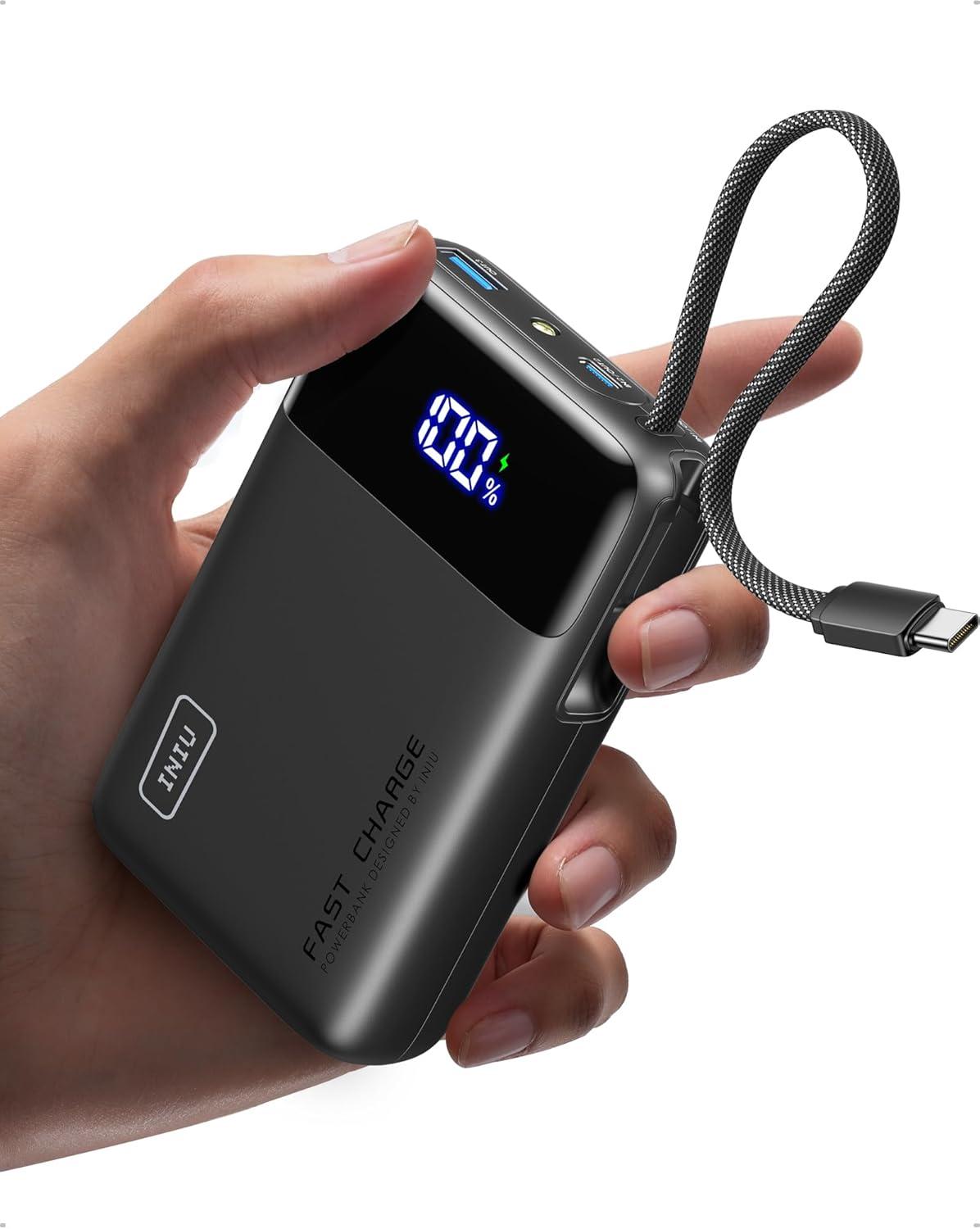 INIU Batterie Externe, Petit 45W Charge Rapide 20000mAh Power Bank avec USB C Câbles Intégrés, Autorisé en Avion, Essentiels de Voyage, Portable Batterie pour iPhone 17 16, Samsung, Xiaomi, iPad etc