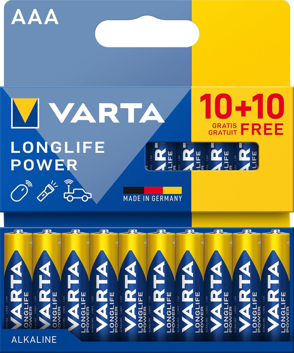 VARTA Piles AAA, 10+10 (lot de 20), Longlife Power, Alcalines, 1,5V, emballage recyclé à 90%, adaptées aux jouets, souris sans fil, lampes de poche, Made in Germany