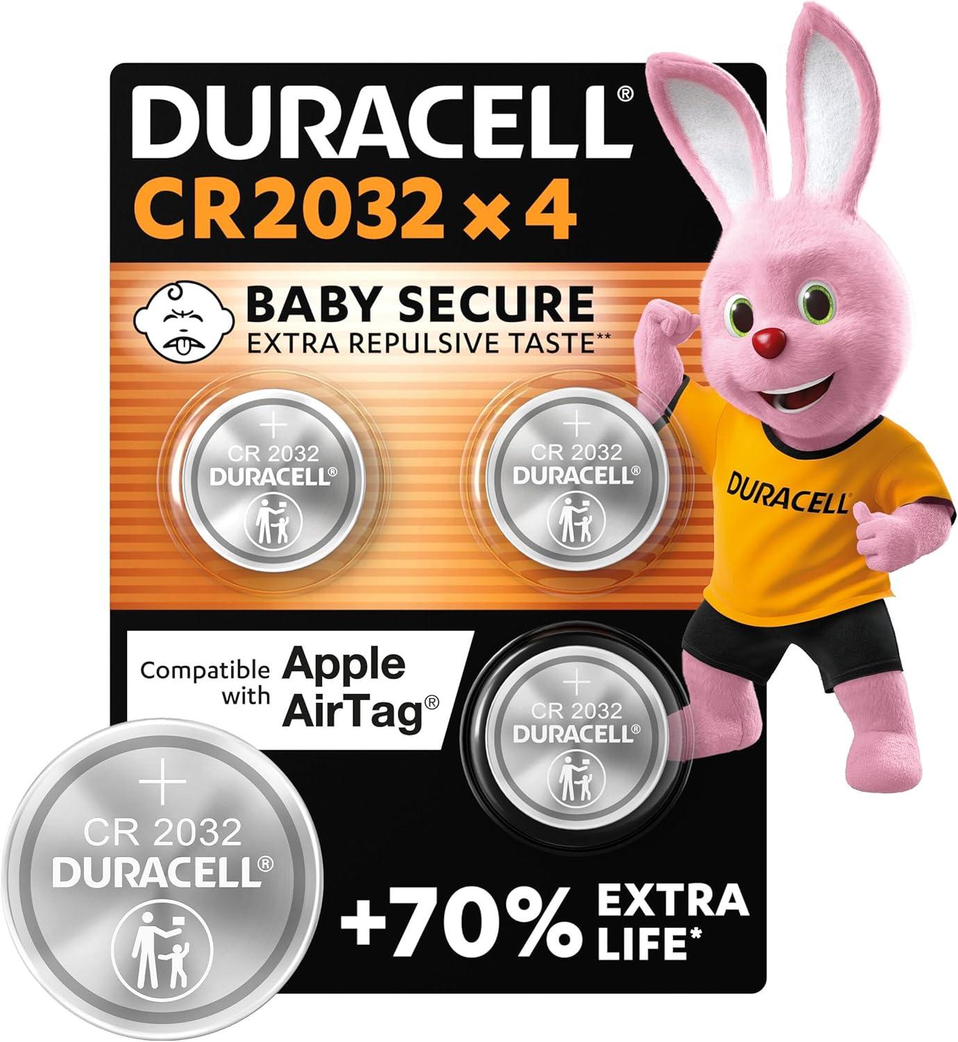 DURACELL CR2032 Piles Boutons au lithium 3V (lot de 4) - Jusqu’à +70 % de longévité - Technologie Sécurité Enfant - Recommandées pour l’AirTag d’Apple - Clés, appareils maison, sport et médicaux
